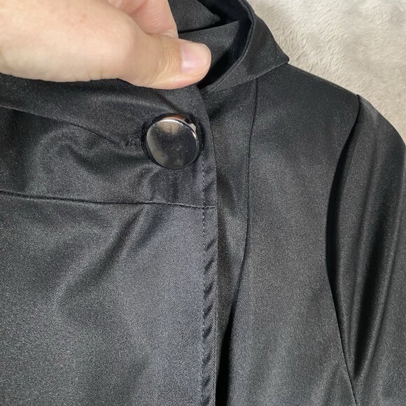 French Connection Hooded Tulip Hem Trench Coat Women’s S Black Satin Jacket - Picture 5 of 16
